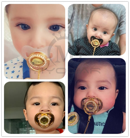 Bling Personalized Golden Baby Pacifier & Clip (Black Center) (25% OFF)