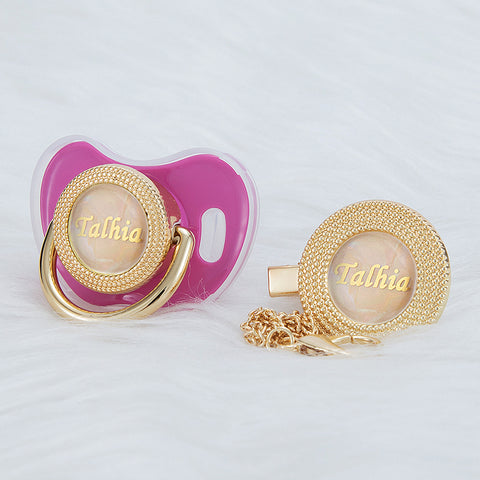 Bling Personalized Golden Baby Pacifier & Clip (Rose Pearl Center) (25% OFF)