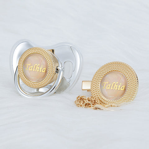 Bling Personalized Golden Baby Pacifier & Clip (Rose Pearl Center) (25% OFF)
