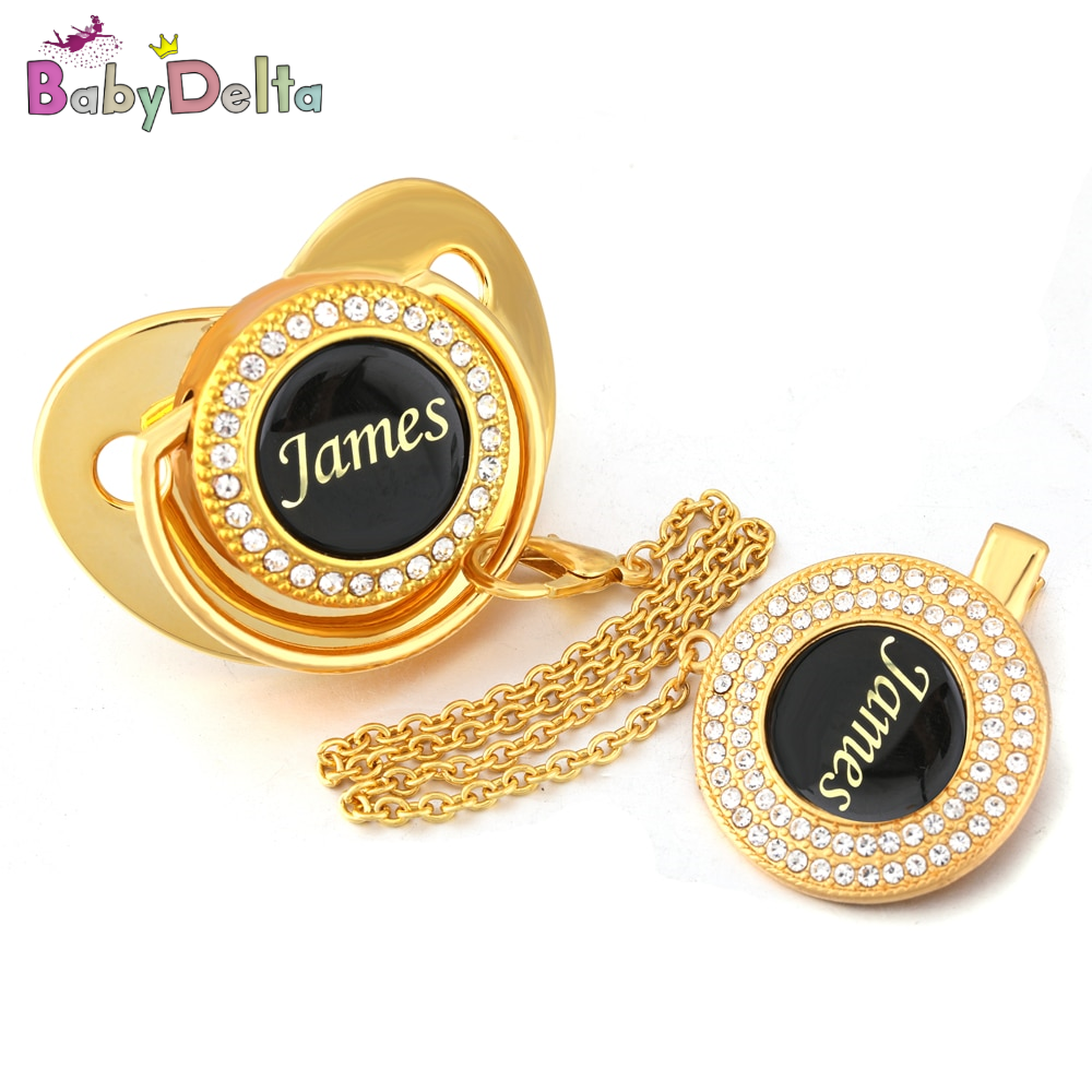 Baby Pacifier Portable Exquisite Golden Crown Letter Rhinestone Pacifier  Pacifier Clip Baby Soother Baby Shower Anniversary Birthday Gifts(Letter D)
