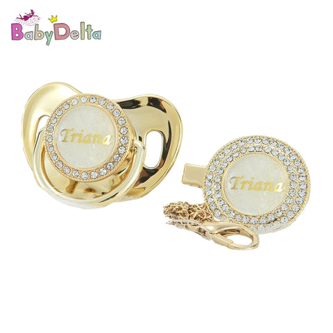 Bling Personalized Golden Baby Pacifier & Clip (Pearl Center) (25% OFF)
