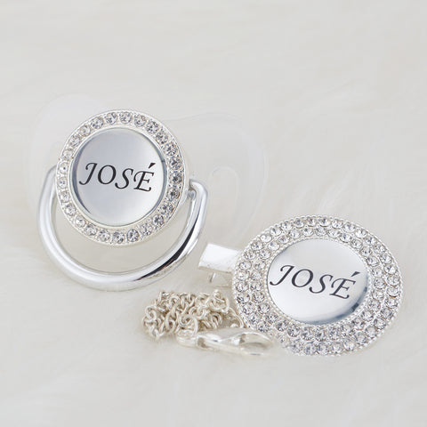 Bling Personalized Golden Baby Pacifier & Clip (Silver Center) (25% OFF)