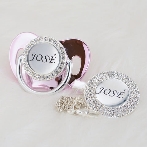 Bling Personalized Golden Baby Pacifier & Clip (Silver Center) (25% OFF)