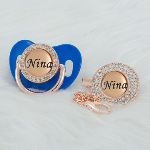 Bling Personalized Golden Baby Pacifier & Clip (Rose Gold Center) (25% OFF)