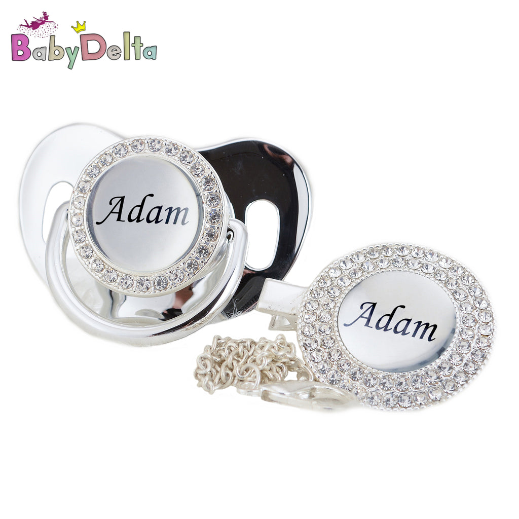 Personalized Pacifier and Pacifier Clip with Name and Photo Bling