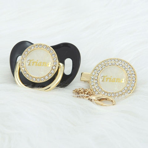 Bling Personalized Golden Baby Pacifier & Clip (Pearl Center) (25% OFF)