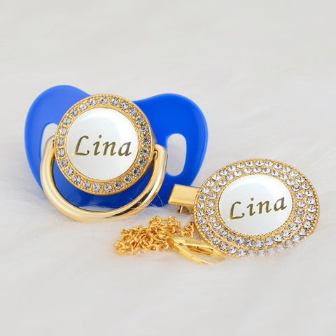 Bling Personalized Golden Baby Pacifier & Clip (White Center) (25% OFF)