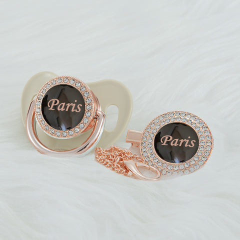 Bling Personalized Golden Baby Pacifier & Clip (Black Rose Center) (25% OFF)