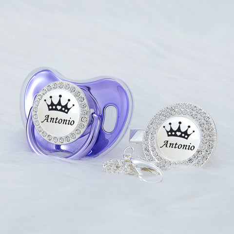 Bling Personalized Golden Baby Pacifier & Clip (White Crown Center) (25% OFF)