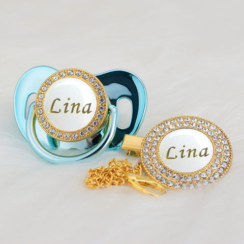 Bling Personalized Golden Baby Pacifier & Clip (White Center) (25% OFF)