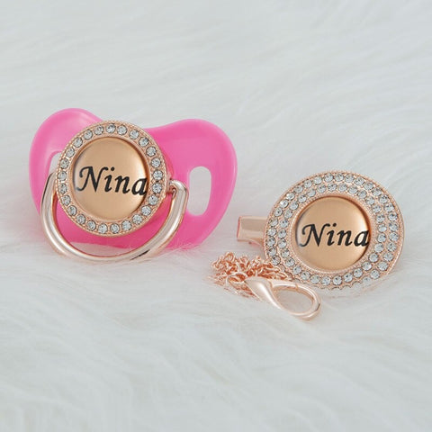 Bling Personalized Golden Baby Pacifier & Clip (Rose Gold Center) (25% OFF)