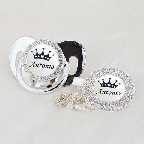 Bling Personalized Golden Baby Pacifier & Clip (White Crown Center) (25% OFF)