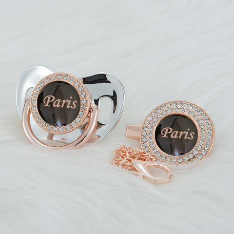 Bling Personalized Golden Baby Pacifier & Clip (Black Rose Center) (25% OFF)